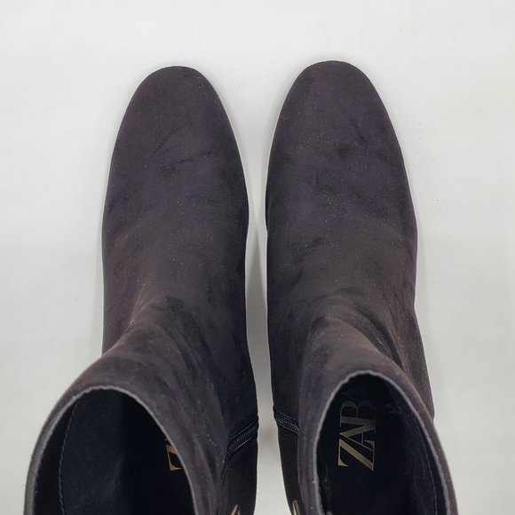 Zara Velvet Booties Gold Trimmed Block Heels - Picture 4 of 16